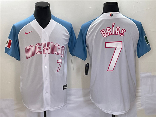 Men's Mexico Baseball #7 Julio Ur??as 2023 White Blue World Baseball Classic Stitched Jersey